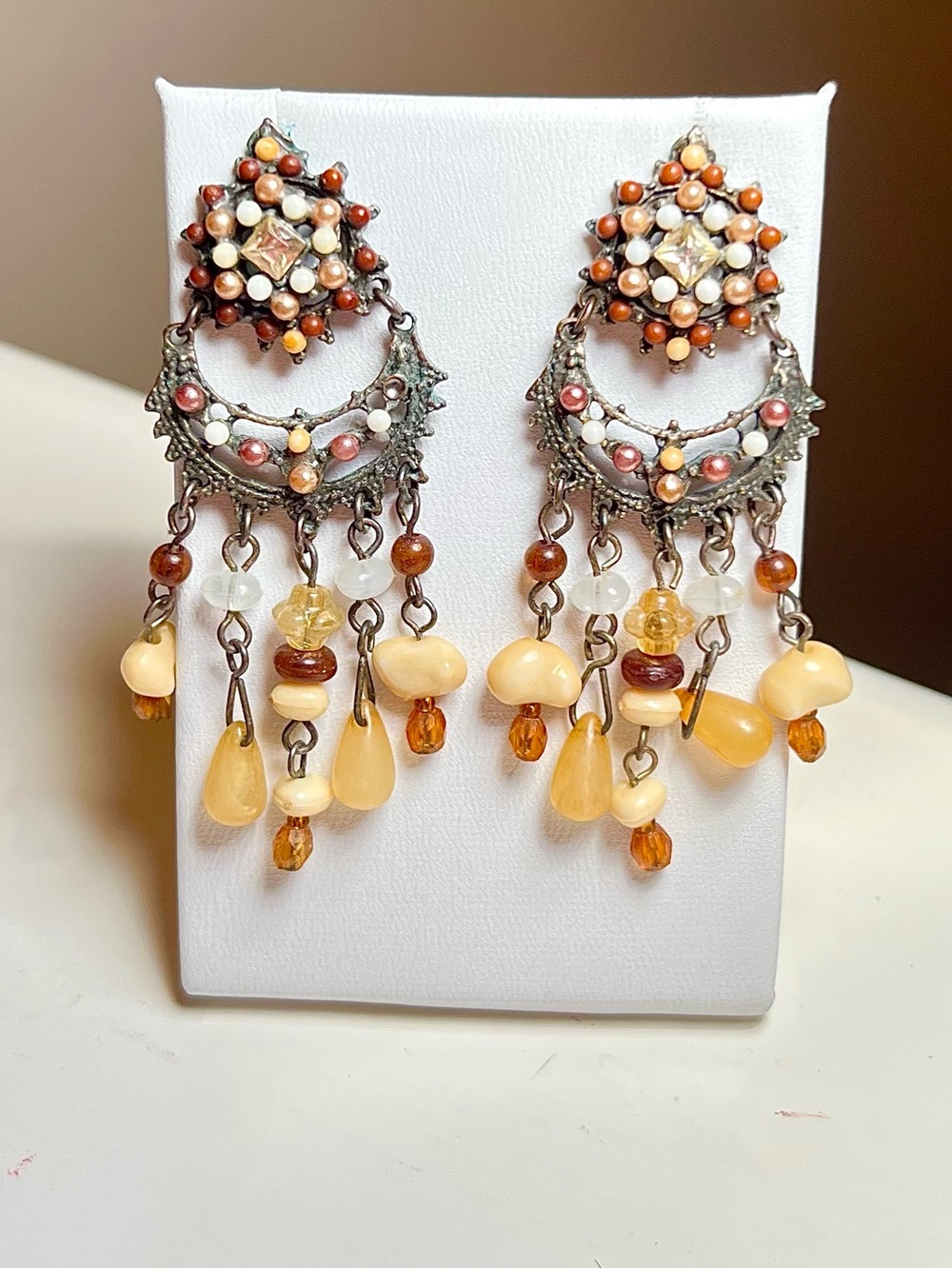 Vintage Boho Beaded Chandelier Dangle Earrings Amber Cream Festival Style